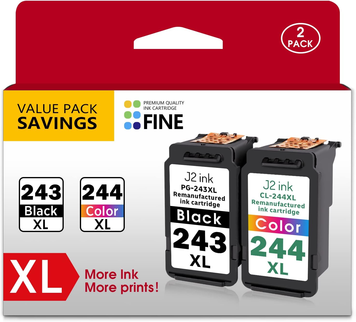 J2INK Remanufactured Ink Cartridge Replacement for Canon PG-243 CL-244 2 Pack Ink PG-245XL CL-246XL Compatible to TR4520 MX492 MG2520 MG2922 TS302 and TS202 Printers