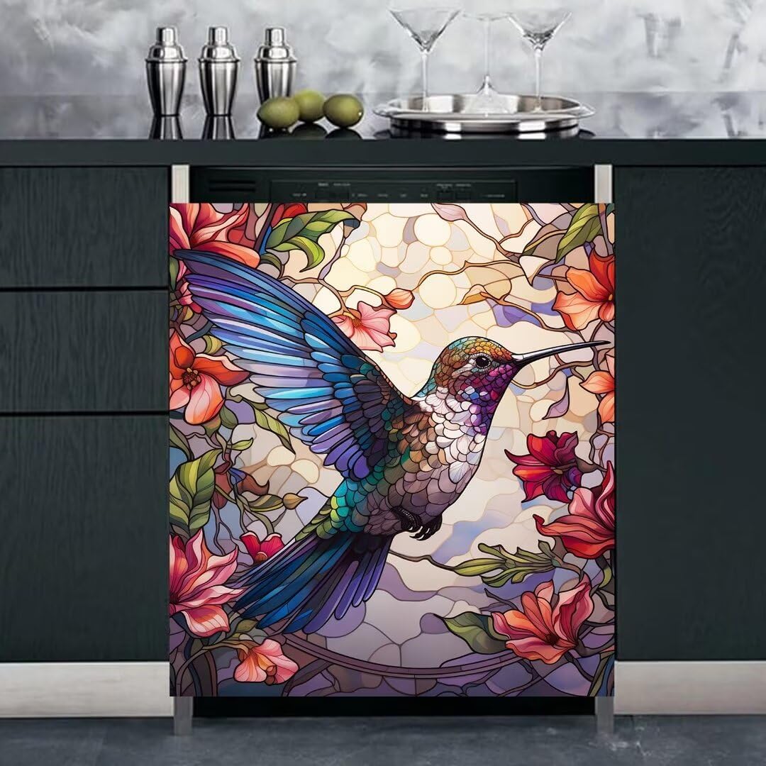 Abstract Glass Bird Magnet Dishwasher Door Cover for The Front, Hummingbird Magnetic Refrigerator Panel Cover, Colorful Flowers Dishwasher Panel Decal - Magnetic 23" x 26"