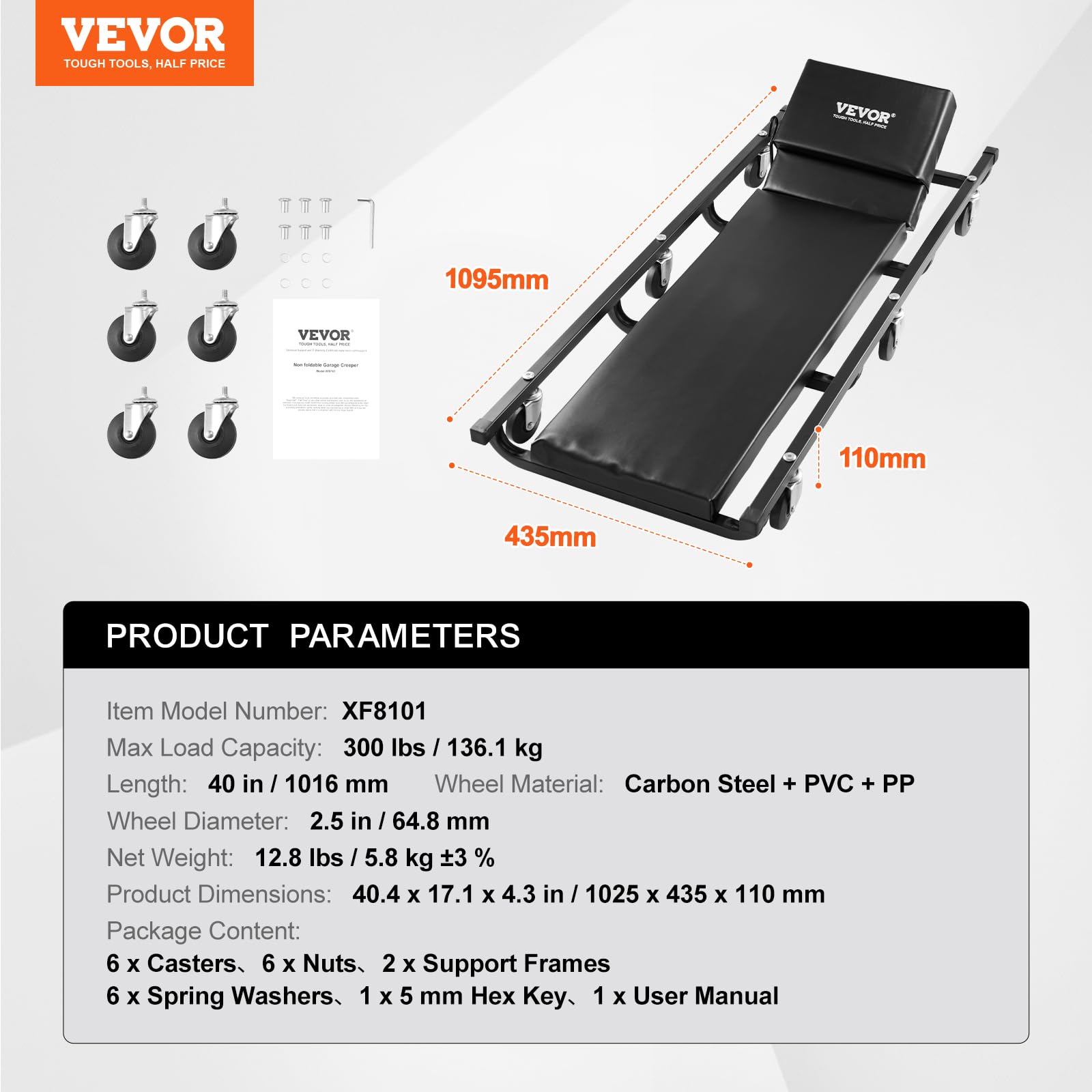 VEVOR Camilla de Garaje Mecánica, Capacidad 136,1 kg, Camilla Rodante Automotriz con 6 Ruedas, Reposacabezas Acolchado Ajustable, para Garajes, Talleres de Reparación y Bricolaje, 1025 x 435 x 110 mm