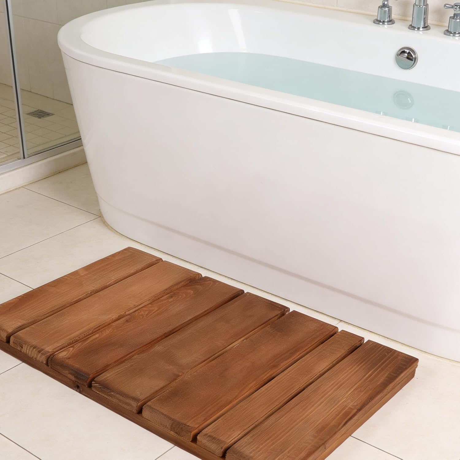 Wooden Mat Bathtub, 51x31x4cm Wood Floor Mat Non-Slip Wooden Platform for Sauna, Pool, Hot Tub - Toilet Doormats for Shower Doorstep Light Brown