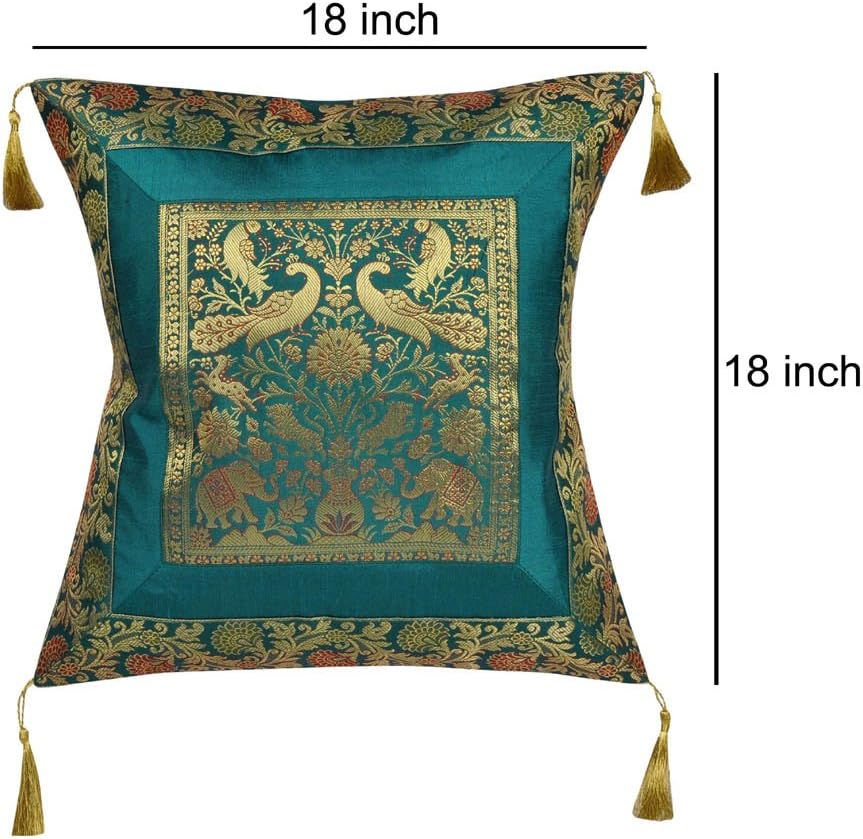 Lalhaveli Green Silk Brocade Cushion Covers Set 18 x 18 Inch Set of 2 Pcs