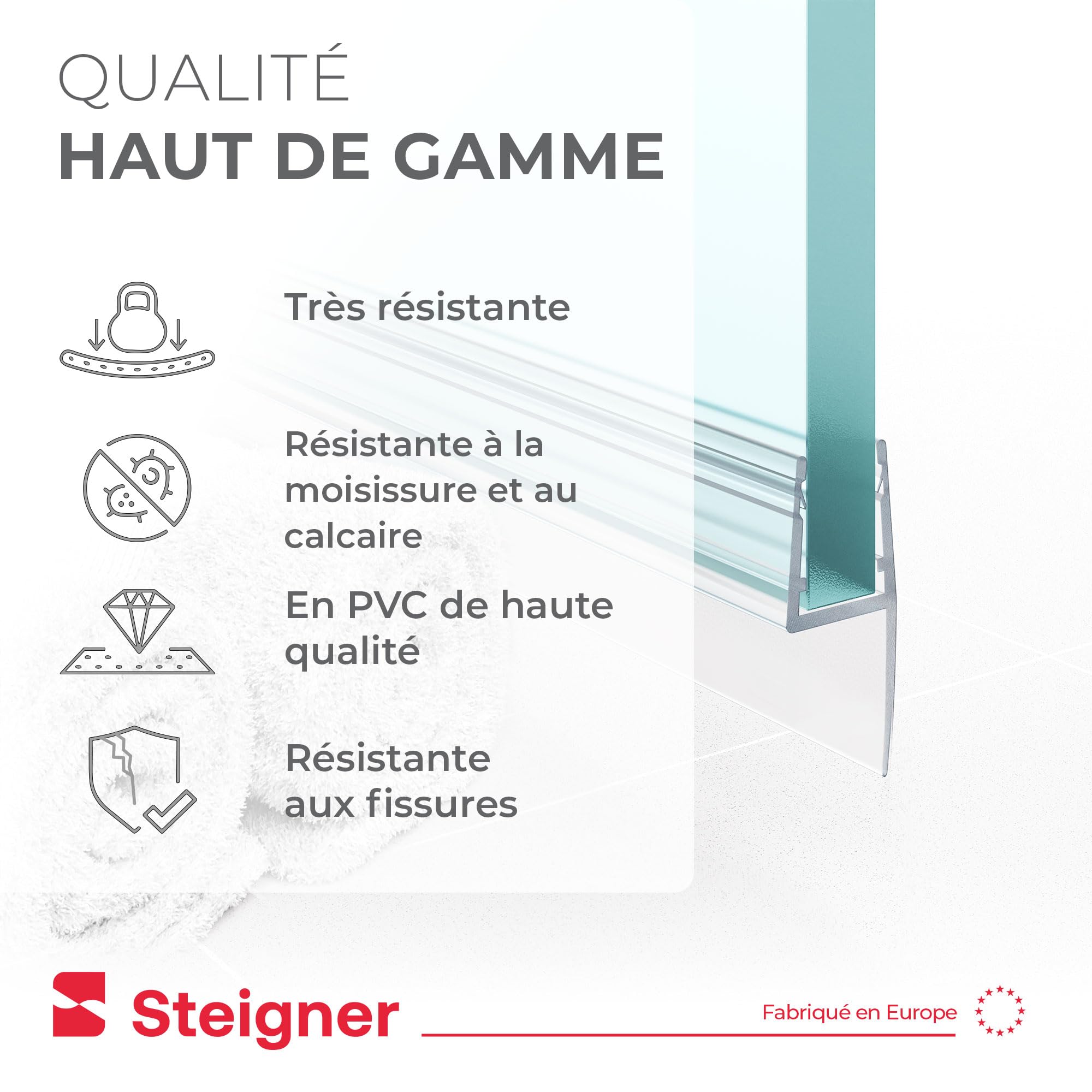 STEIGNER Joint porte de douche UK55 200 cm (1 pc.) transparent - Joint vertical pour douche à accès d'angle ou pentagonale avec porte 6-8 mm - Ajustement parfait, Matériau durable, Finition esthétique