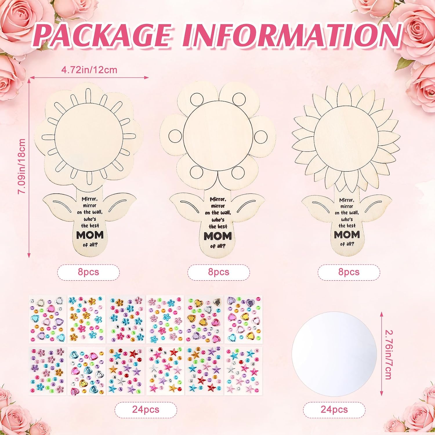 24 Sets Mother's Day Crafts Wooden Mirror Crafts Stickers DIY Paint Your Own Flower Mirror from Daughter Son for Mom Mother's Day Supplies Gifts Art Activities Home Party Table Decoration
