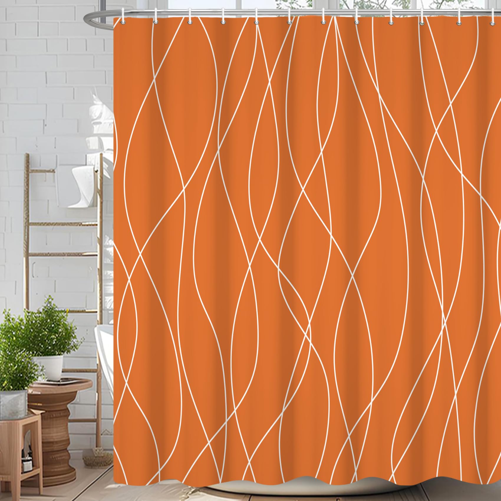 Velaequezii Orange White Striped Shower Curtain Modern Geometric Abstract Art Wavy Lines Printed Bath Curtain Waterproof Washable Fabric Bathroom