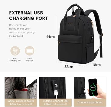 LOVEVOOK Backpack Womens, 15.6 inch Laptop Rucksack Bag for Women, Waterproof Ladies Backpacks Large School Bags with USB Port, Fashion Daypacks Back Pack for Uni College Work Travel, Black