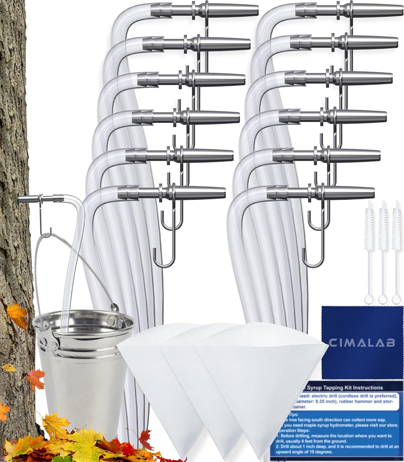 CIMALAB Maple Syrup Tapping Kit (12 Set), Maple Tree Tapping Kit, Include 12 Stainless Steel Maple Syrup Taps, 12 Maple Syrup Tube, 3 Maple Sap Filters, Maple Tree Taps for Maple Syrup Making Supplies