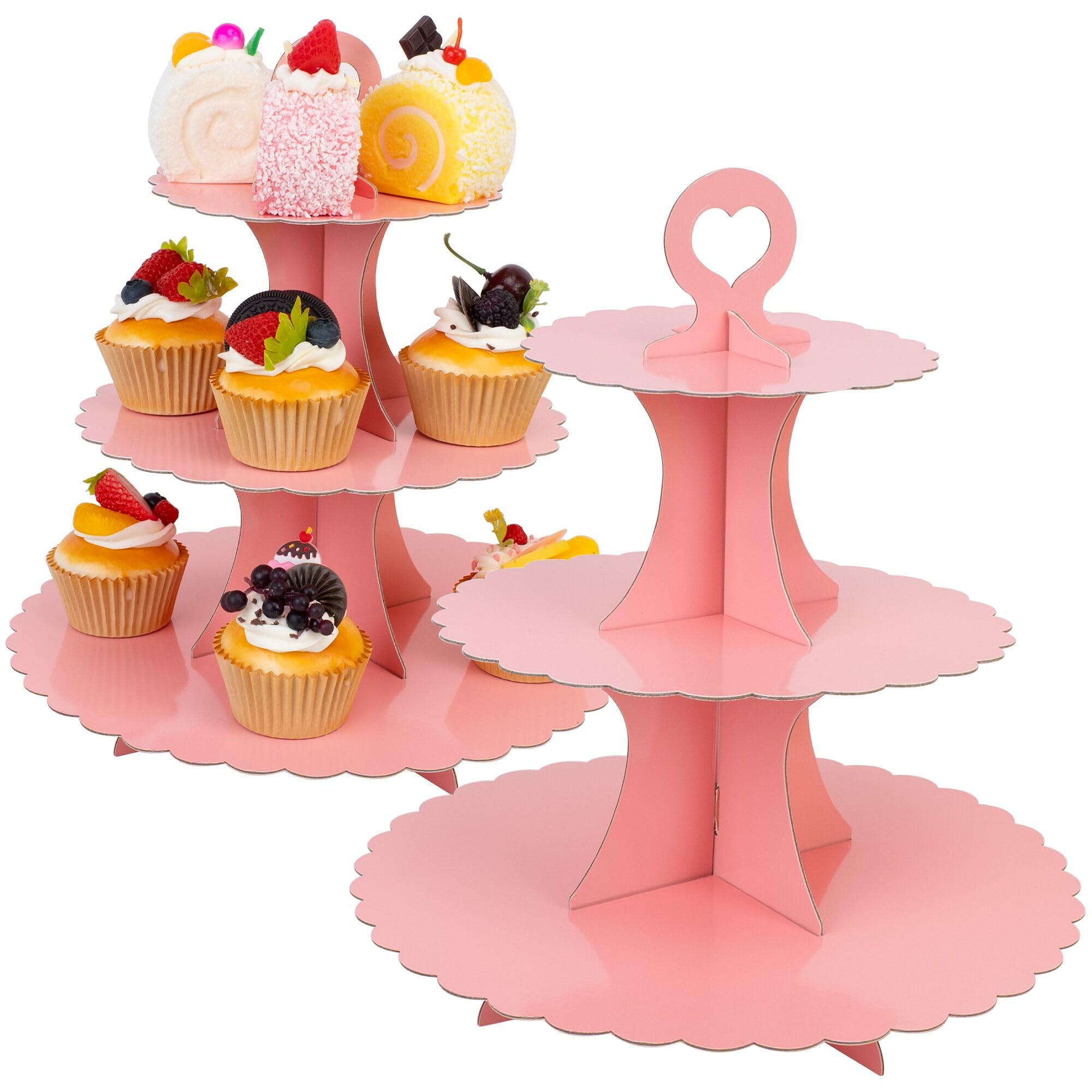 3-Tier Cupcake Stand 2 Pack Dessert Cup Cake Stand Tower Paper Round Cake Display Serving Plate for Anniversary Christening Disposable Pastry Holder for Birthday Wedding Party Decoration (Pink)