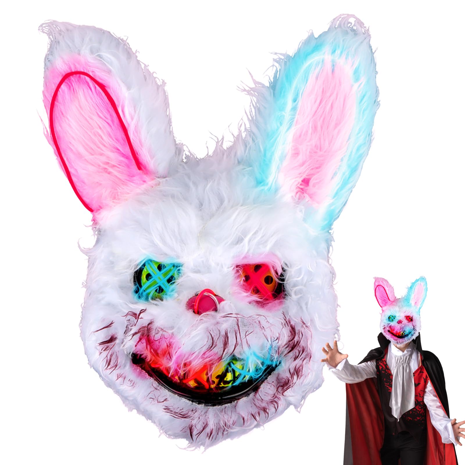 Byffoer Halloween Mask Horror Rabbit Mask, LED Bloody Rabbit Mask Scary Halloween Mask for Adults Children, Halloween Bunny Masks for Halloween Costume Carnival Party Cosplay Masquerade