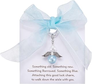 MIXJOY Something Blue Gift for Bride, Wedding Day Bridal Blue Pearl Angel Wings Bouquet Garter Charm for Bride to Be