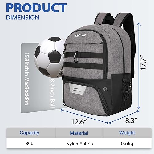Miniatura 2 de LARIPOP Mochila de Fútbol, Bolsa de Fútbol con Soporte para Balón y Compartimento para Zapatos, Bolsas de Entrenamiento para Equipos Deportivos