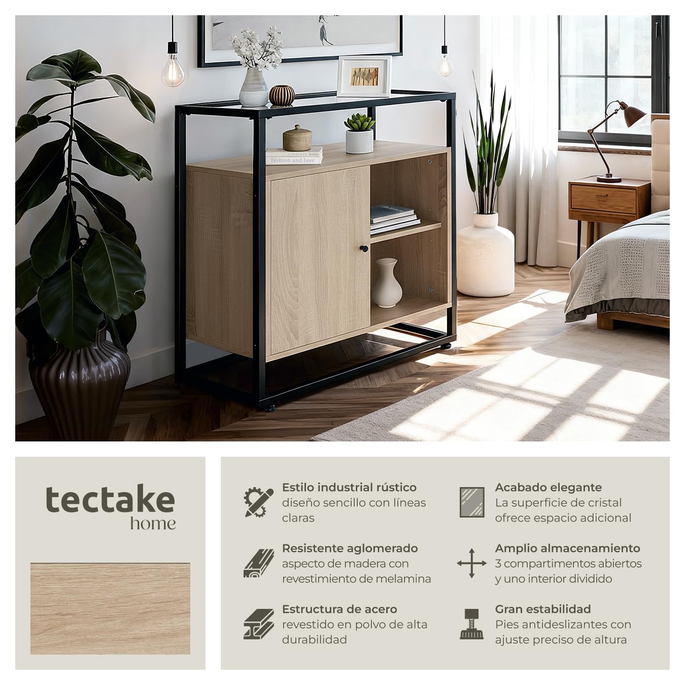 tectake® Mesa Auxiliar con Armario Magnético y Estantes, Recibidores de Entrada, Estanteria Baño, Mueble Baño, Mueble Recibidor, Aparador - 70 x 38 x 80,5 cm Madera Industrial Clara, Roble Sonoma