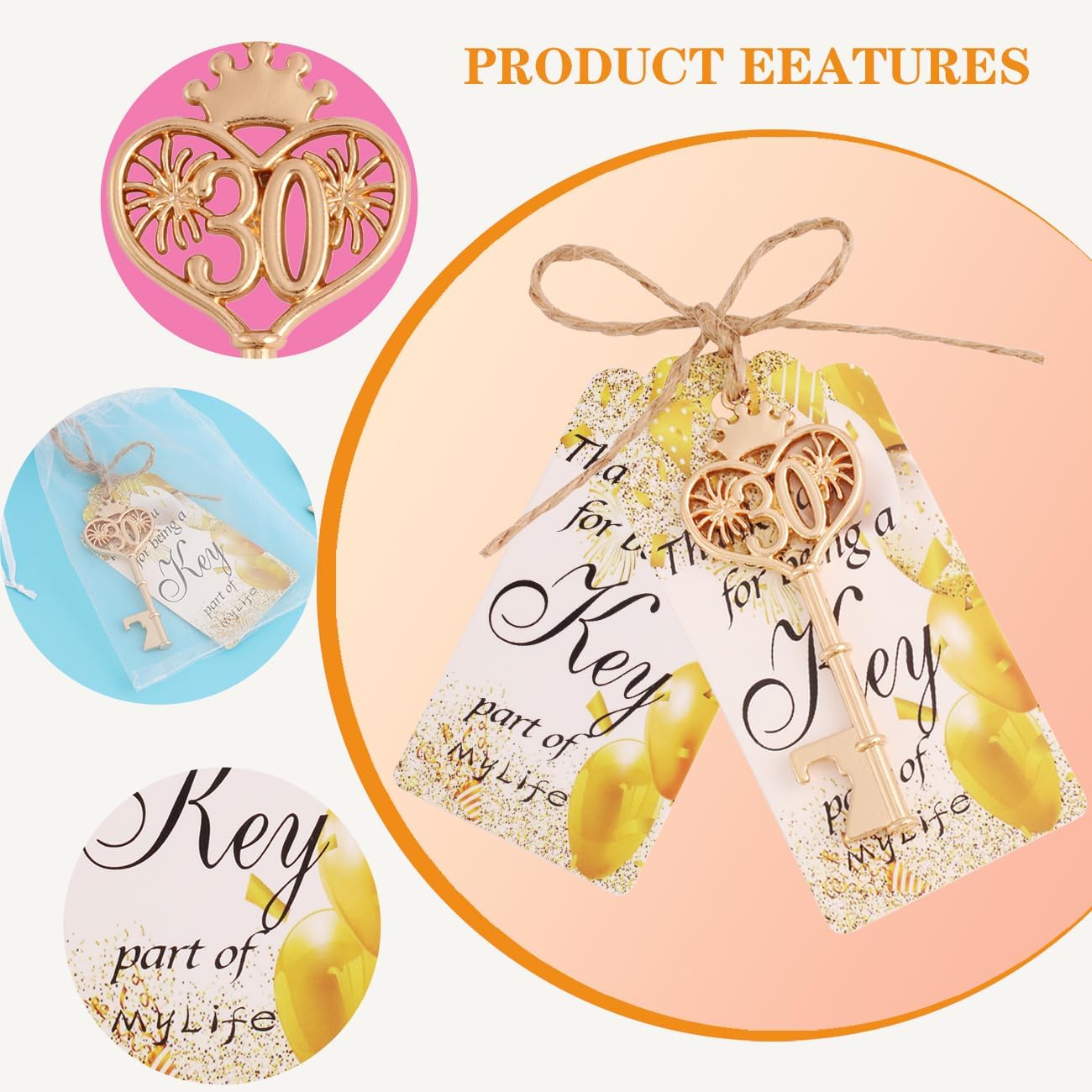 50 pcs 30 Birthday Party Favors Key Bottle Opener, 30th Beer Opener Keychain Favors for Guests with Organza Bags and Thank You Cards, Keychain Bottle Openers for Birthday Decoration Supplies