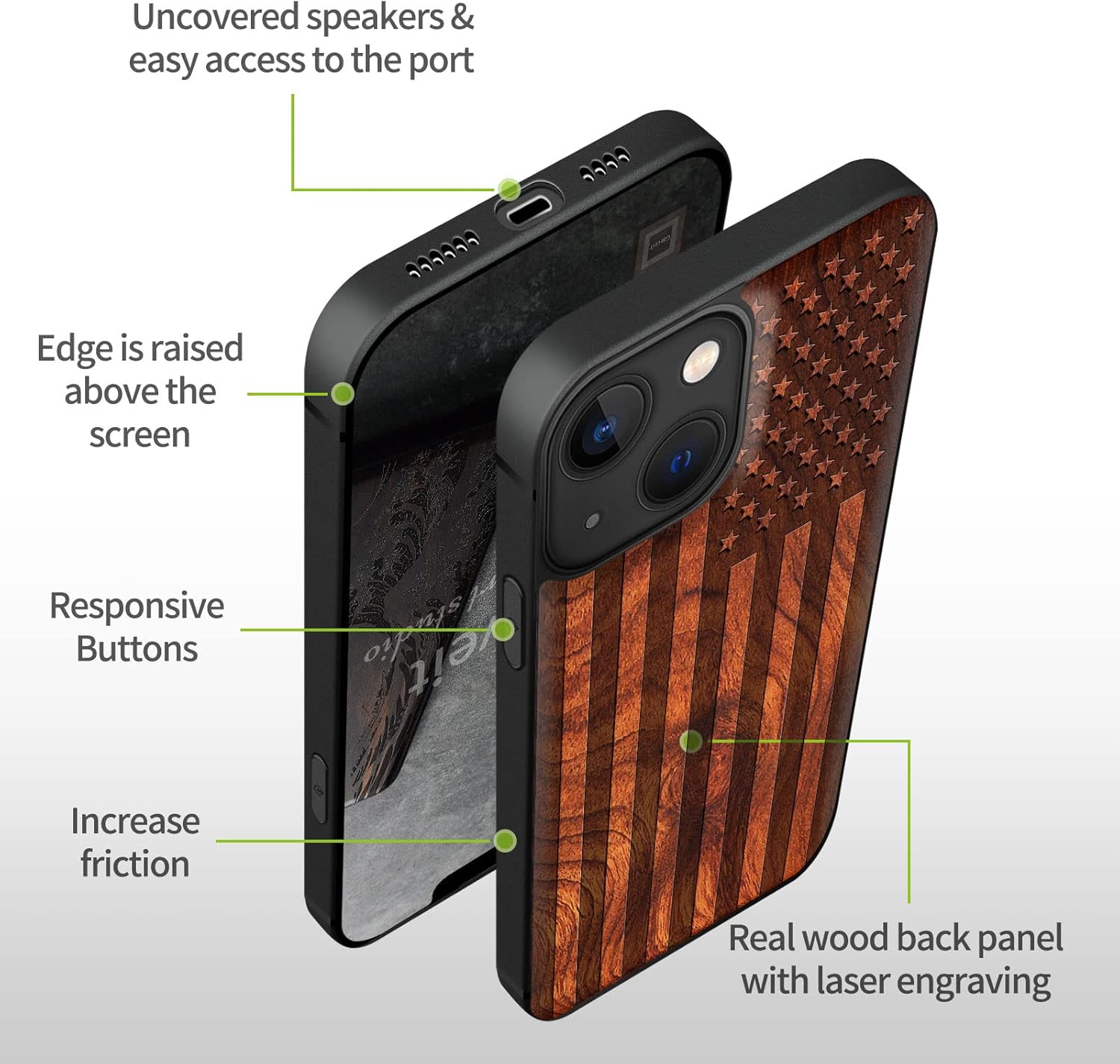 Carveit Magnetic Wood Case for iPhone 13 Case [Hard Real Wood & Soft TPU] Unique & Classy Wooden Shockproof Hybrid Protective Cover Compatible with MagSafe (American Flag-Rosy) - Image 9