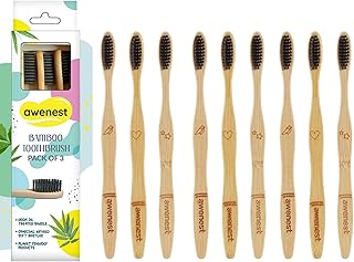 awenest Bamboo Toothbrush With Charcoal Activated Soft Bristles - Pack of 9 | Treated With Neem Oil | For Fungus Protection | Bpa Free, Biodegradable And Compostable Handle | Eco-friendly |