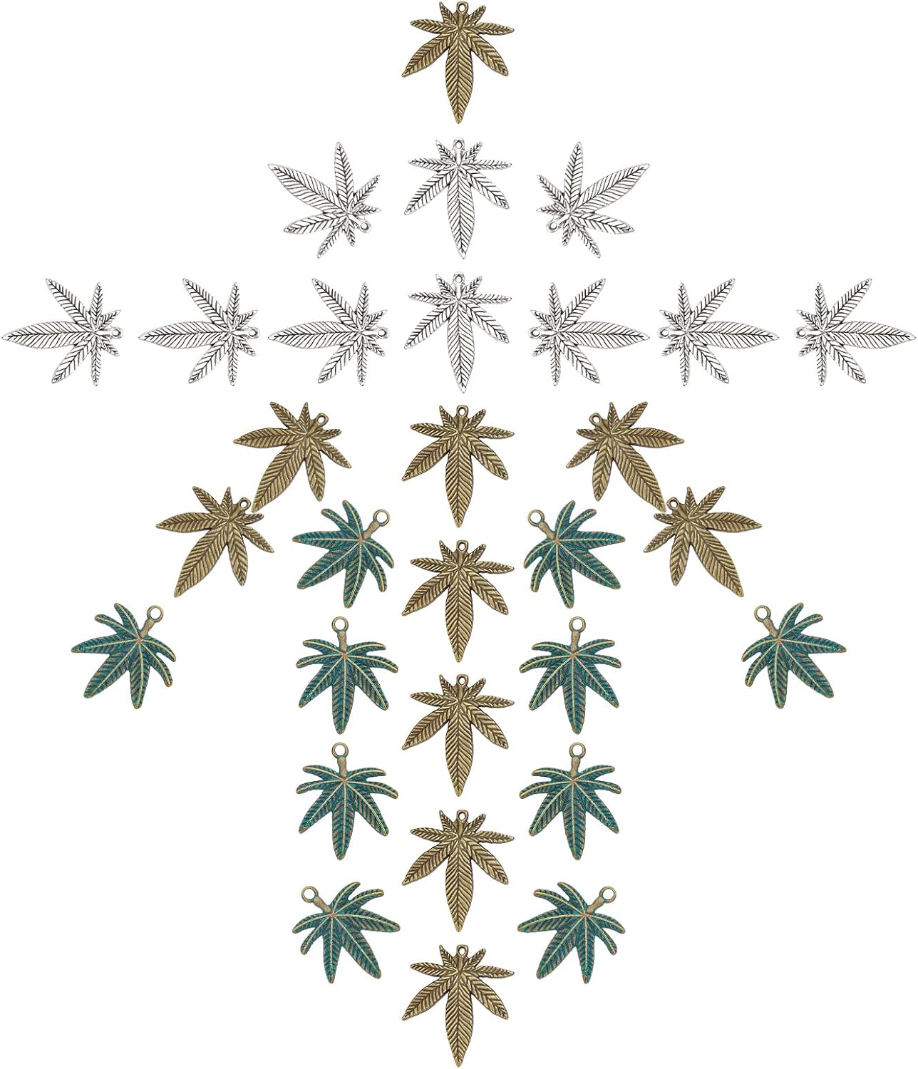 SUNNYCLUE 1 Caja de 30 Piezas de 3 Estilos de Abalorios de Hojas de Marihuana, Abalorio de Hojas de Arce, Maceta Médica, Cannabis, Cáñamo, Hierba, Estilo Tibetano, Colgantes Mentales