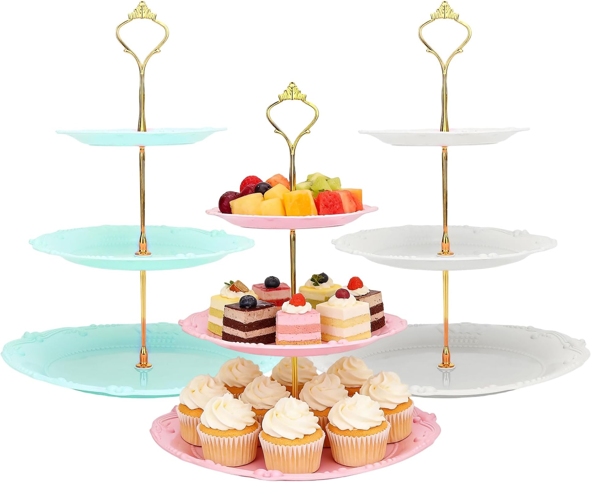 3 Tier Plastic Dessert Table Display Set- 3 Pack Round Cupcake Stands With 9 Tray,Reusable Fruit Cake Candy Tower Platter For Party,Wedding,Birthday,Dinner And Celebration