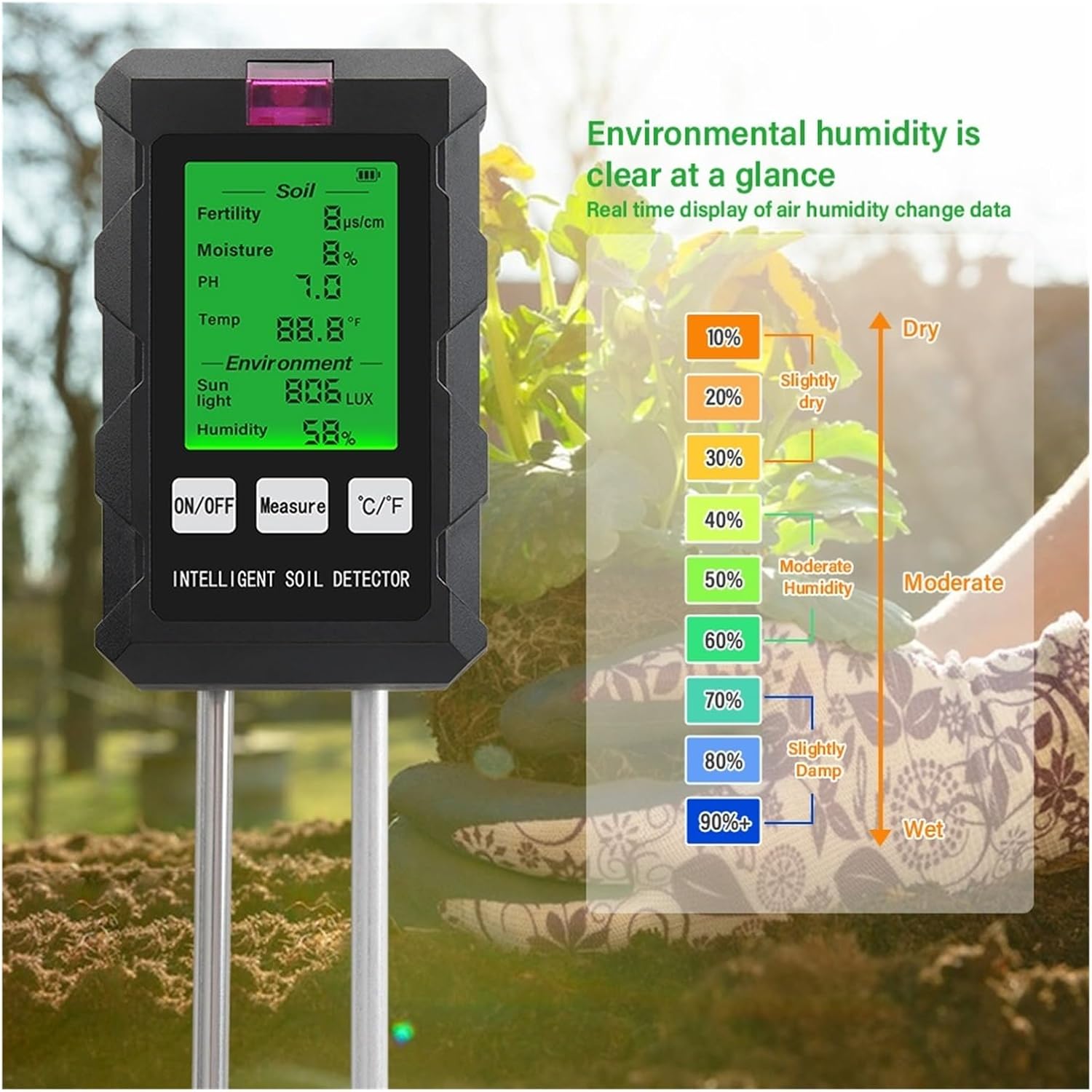 Digital Soil Ph Tester for Gardening - Measures Ph, Moisture, Nutrients, Sunlight, Humidity & Temperature for Indoor & Outdoor Plants