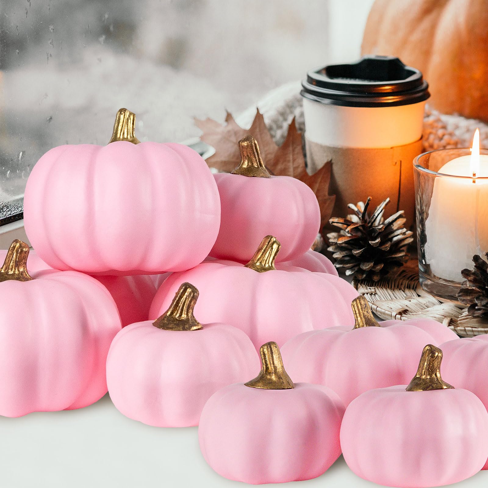 Benjia Kürbis Herbst Dekorationen, Mini Klein Draußen Künstlich Gefälscht Schaum Simulation Kürbis Herbst Bauernhaus Deko für Halloween Thanksgiving Tisch Dekorieren (12 Stück, Rosa)