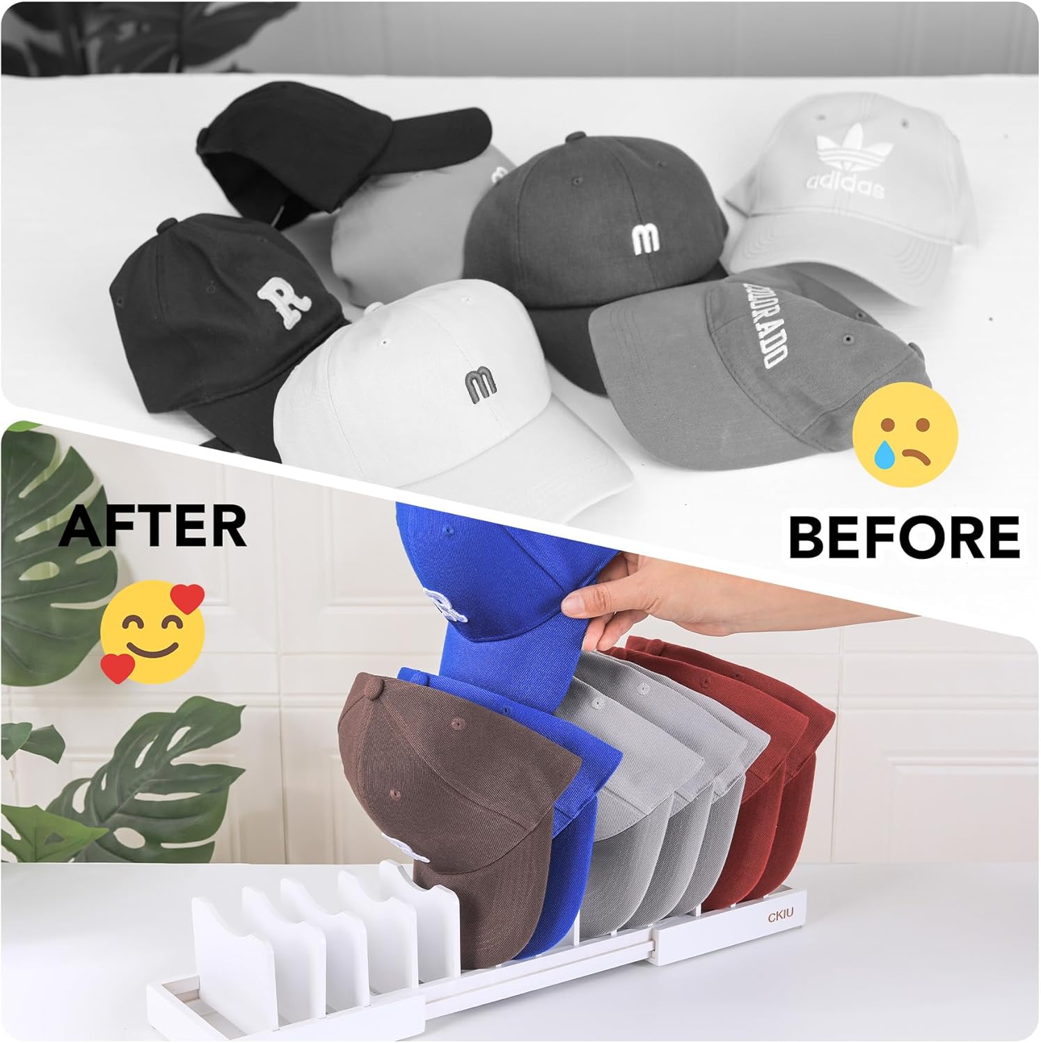 Expandable Hat Stand for Baseball Caps, Bamboo Hat Organizer for 7 to 13 Baseball Caps, Hat Holder for Closet, Bedroom, Dresser, and Shoe Cabinets (White)