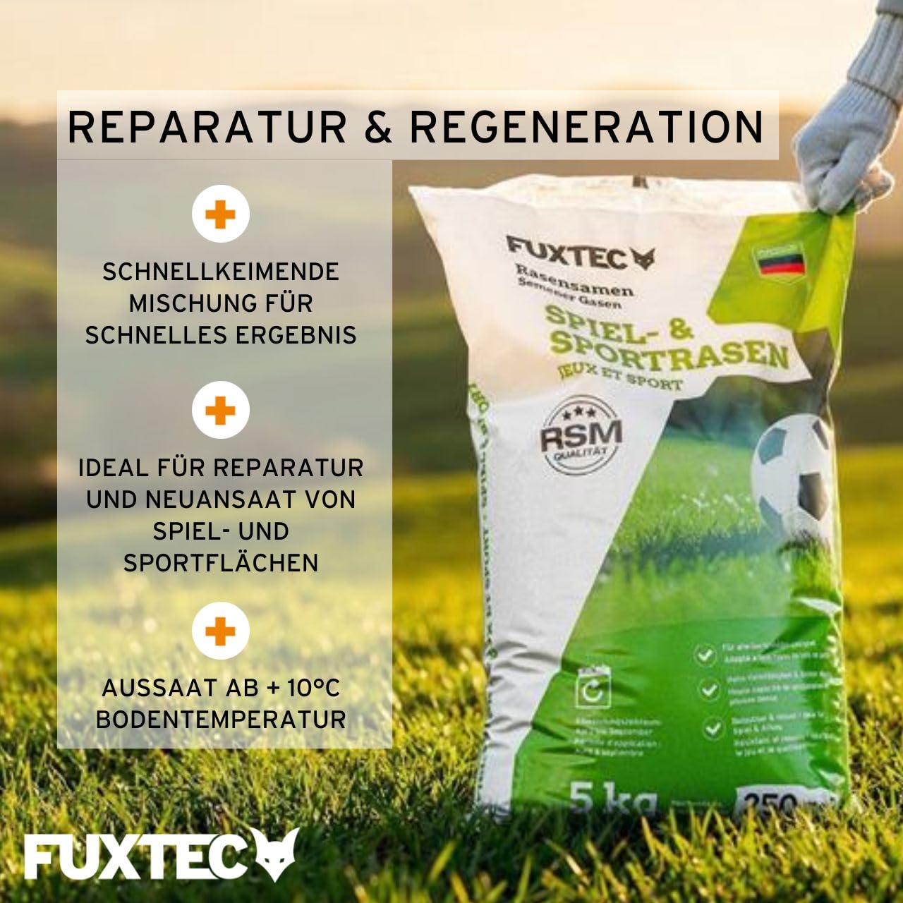 FUXTEC Rasensamen Spiel- & Sportrasen FX-RSSP5 5 kg • robuster Gartenrasen für Neuansaat und Nachsaat • Grassamen für Garten und Sportfläche • keimstarke Rasensaat • für ca. 250 m²