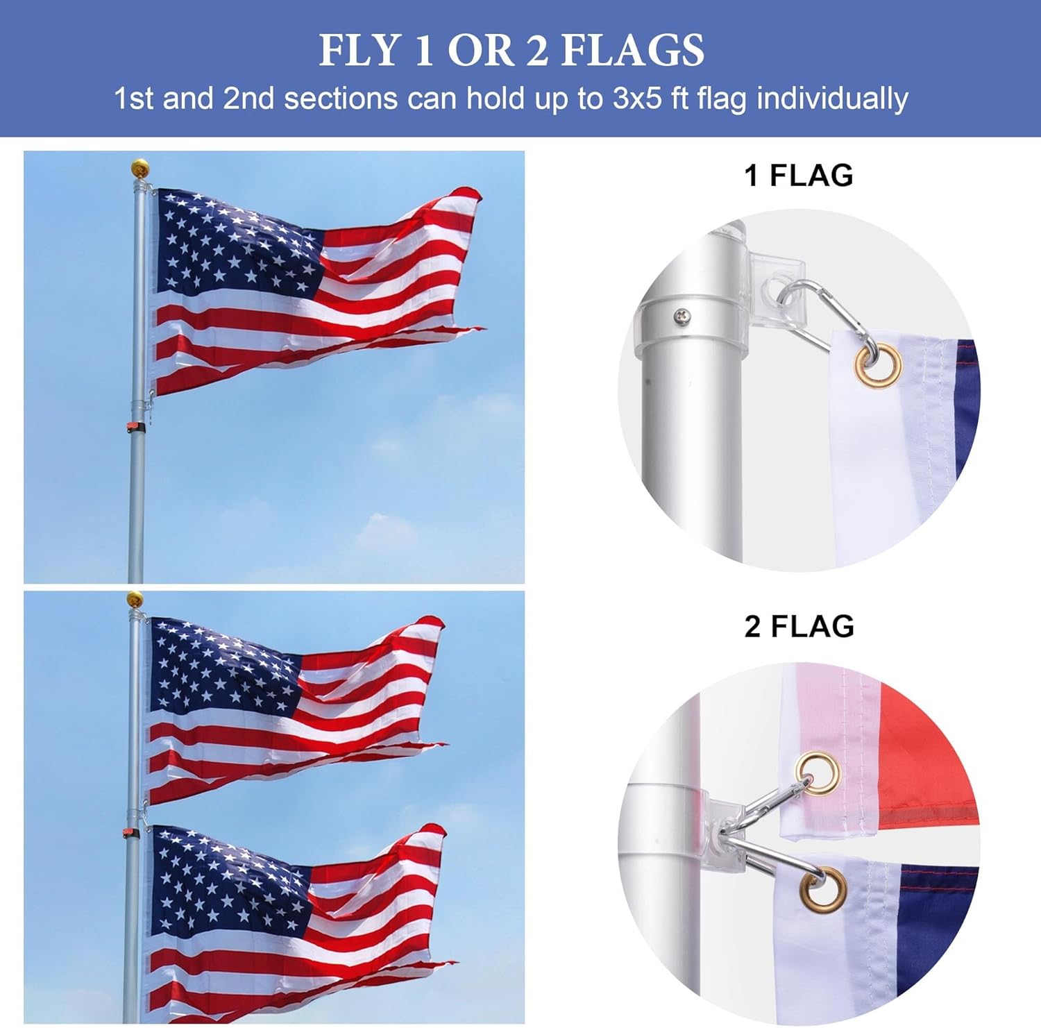 Yescom EZ GO 30ft Portable Telescopic Tailgate Flag Pole Kit with Anti-Sway Tire Mount & Carry Bag for RV Camping with US Flag Ball Top, Outdoor Telescoping Flagpoles Silver