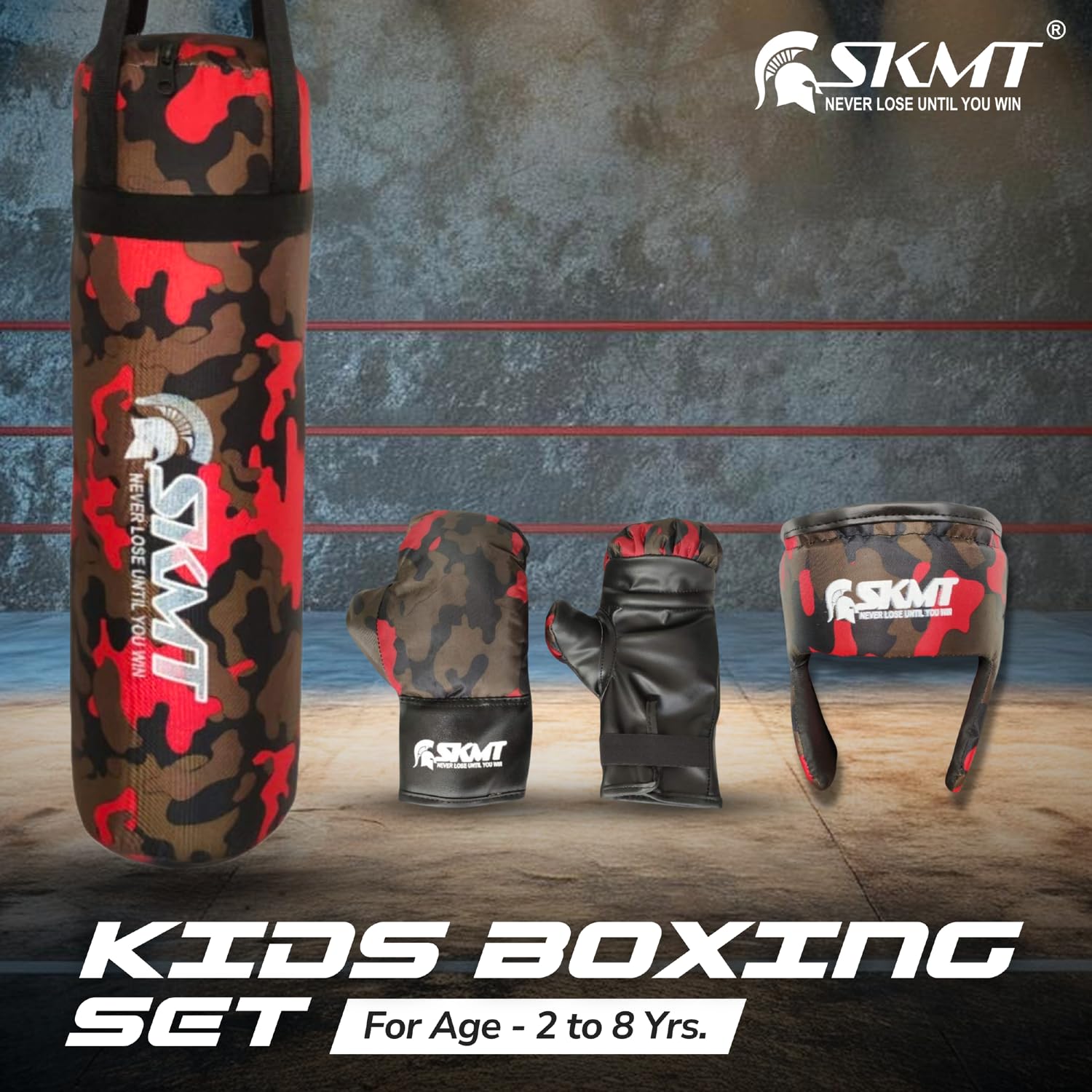 SKMT NEVER LOSE UNTIL YOU WIN Kids Boxing Set - Boxing Kit for Kids (2-8 Years) (CAMO RED)