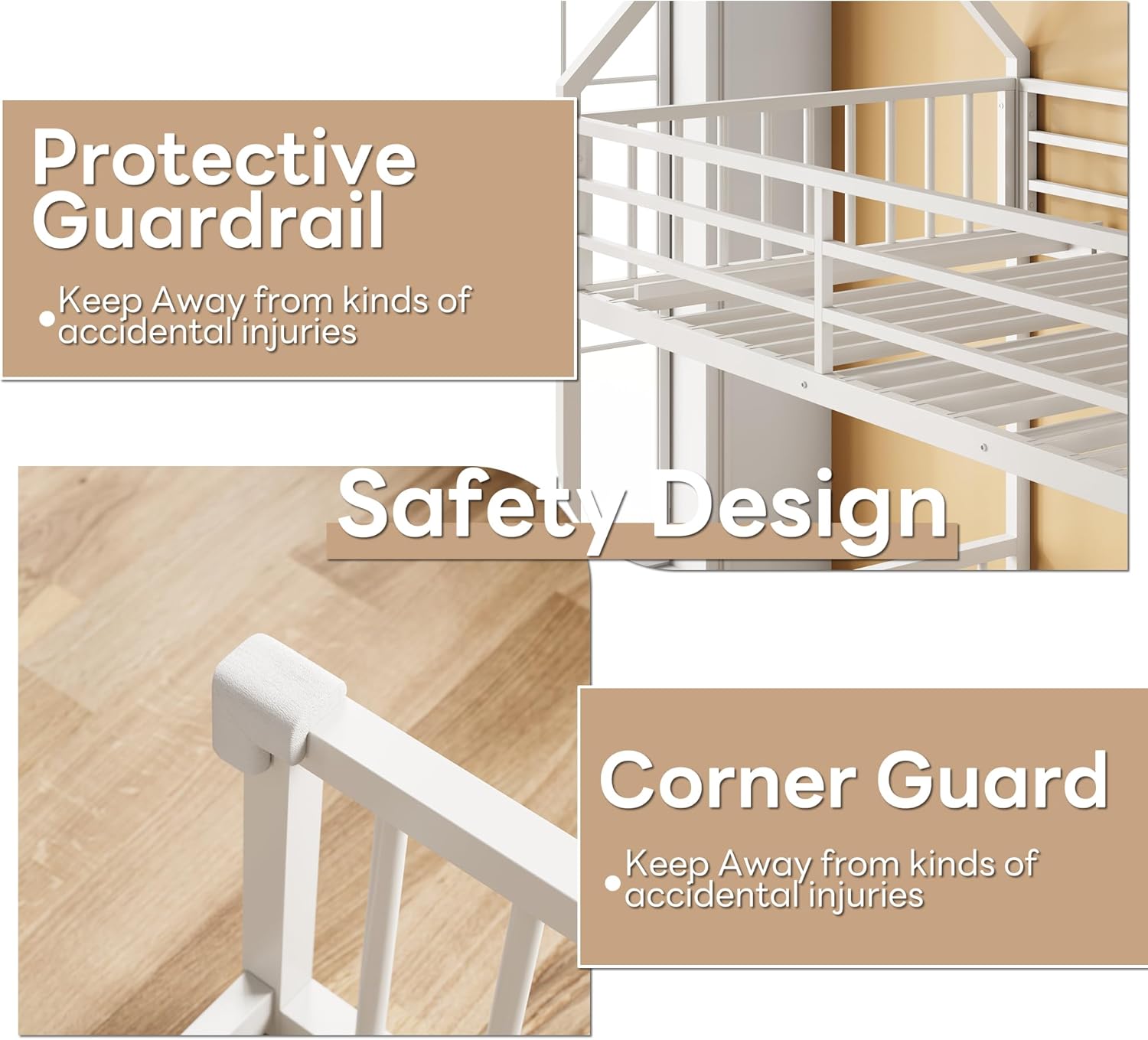 LIKIMIO Bunk Bed Twin Over Full Size, House Bunk Bed Frame with Ladder and Guardrail, House Shaped with Metal Slats Support No Box Spring Needed Space Saving for Bedroom and Dorm, White