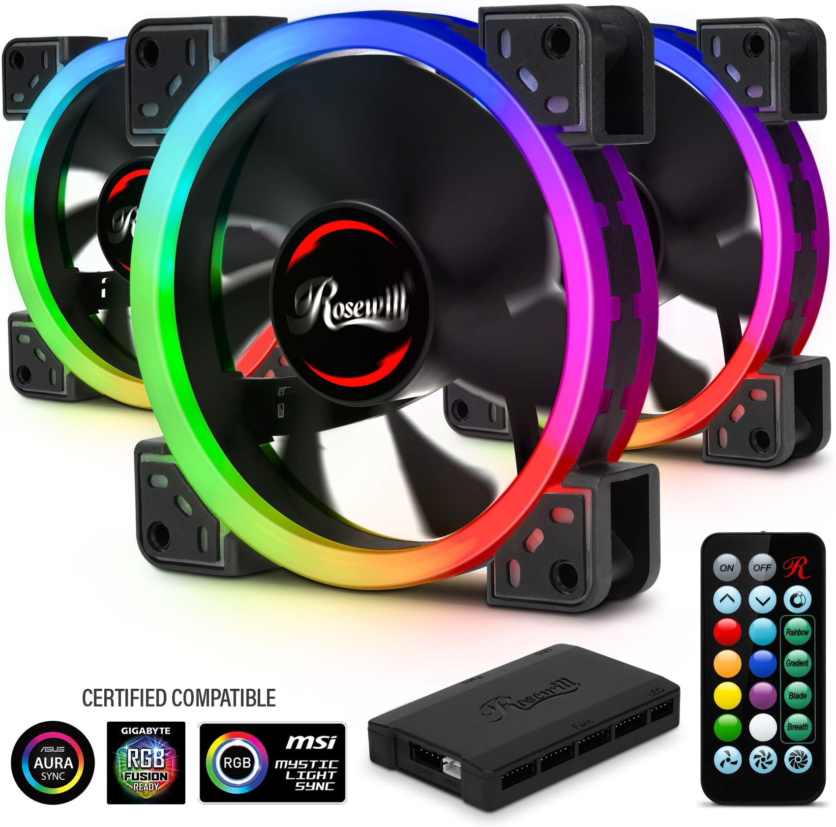 Rosewill120mm RGB LED Case Fans (3-Pack) and 8-Port Fan Hub, Ultra Quiet Cooling with Long Life Rifle Bearings, Dual Ring True RGB Color RGBF-S12001 RGB Case Fan Hub Set
