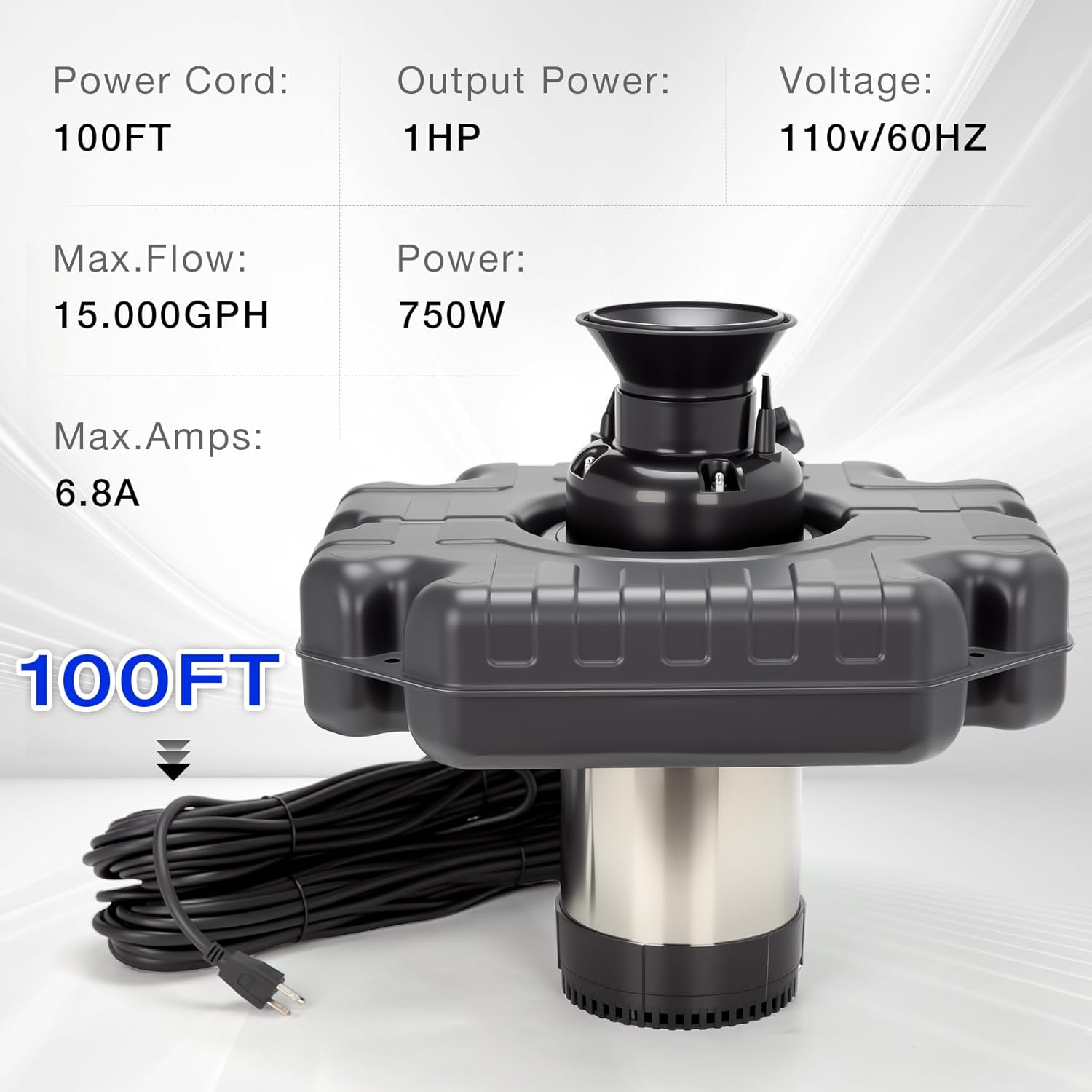 Stainless Steel Metal Pond Fountain Aerator, 1HP 110V 15000 GPH Fountain Pump, 100 FT Power Cord, Automatic Aerating Fountain Pump with Programmable Timer for Outdoor Large Ponds & Lakes