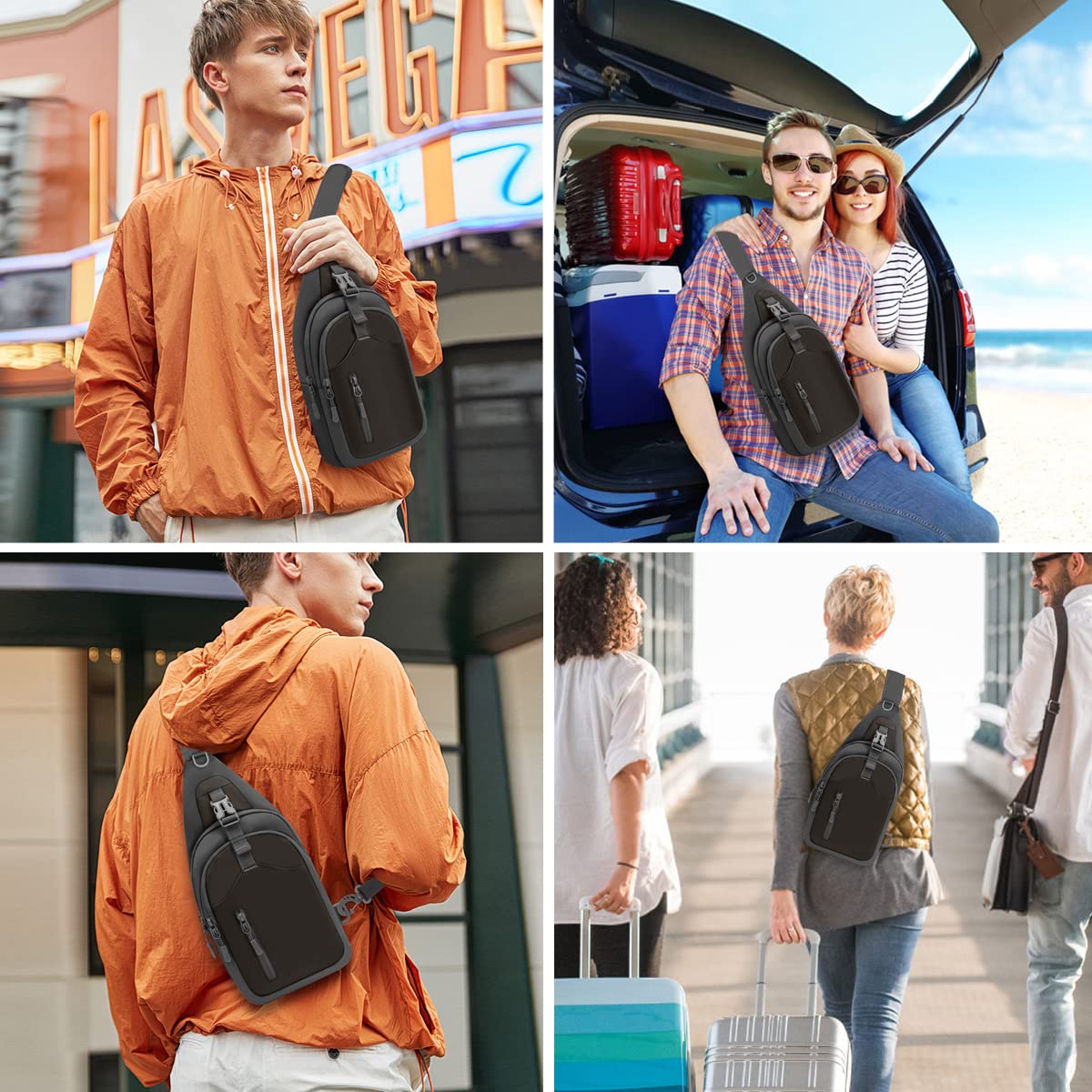 REETEE Sacoche Homme Bandouliere, Sac de Poitrine Sacoche Bandoulière avec Multi-Compartiments Léger Casual Sling Bag pour Homme et Femme pour Randonnée Cyclisme Voyage Camping (noir)