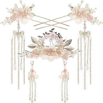 5PCS Flower Pearl Tassels Hairpin, Crystal Rhinestone Hair Clips Headpiece Vintage Chinese Hanfu Wedding Brides Hair Accessories for Women Girls Updo Long Hair