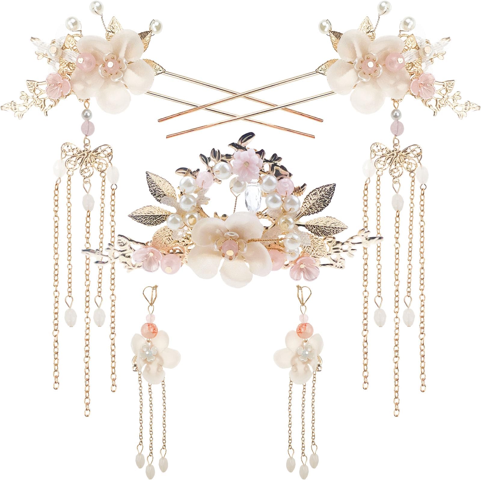 5 Pcs Flower Pearl Tassel Hairpins & Rhinestone Hair Clips, Vintage Chinese Hanfu Bridal Headpieces, Wedding Hair Accessories for Women Girls Updo Long Hair