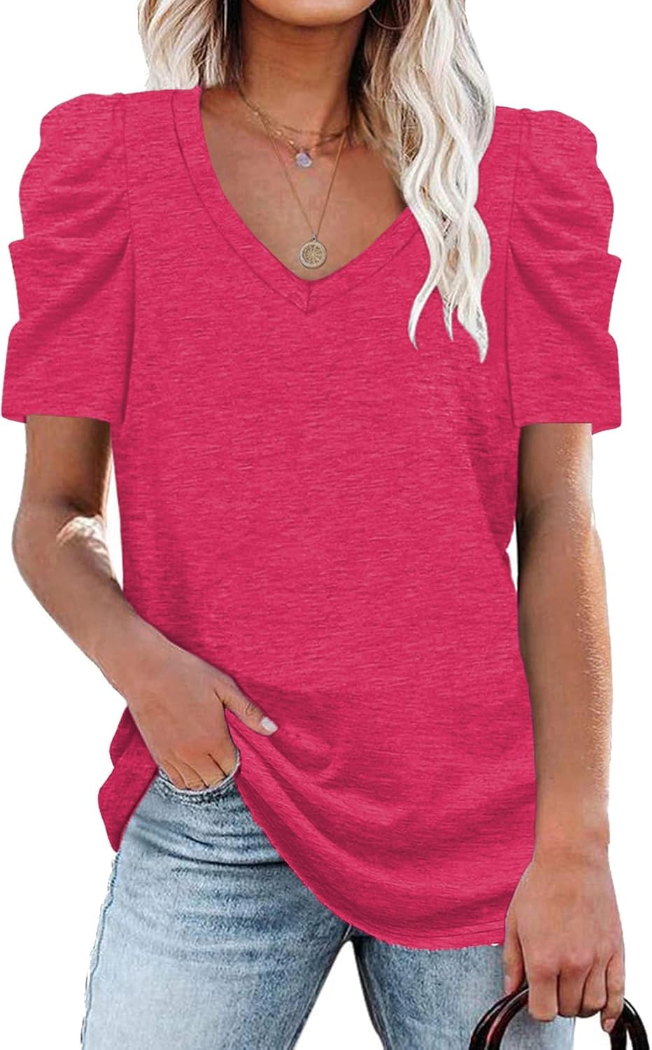 LCXWFE Womens Casual V Neck T Shirt Puff Sleeve Tops Ruched Elegant Summer Shirts - Image 2