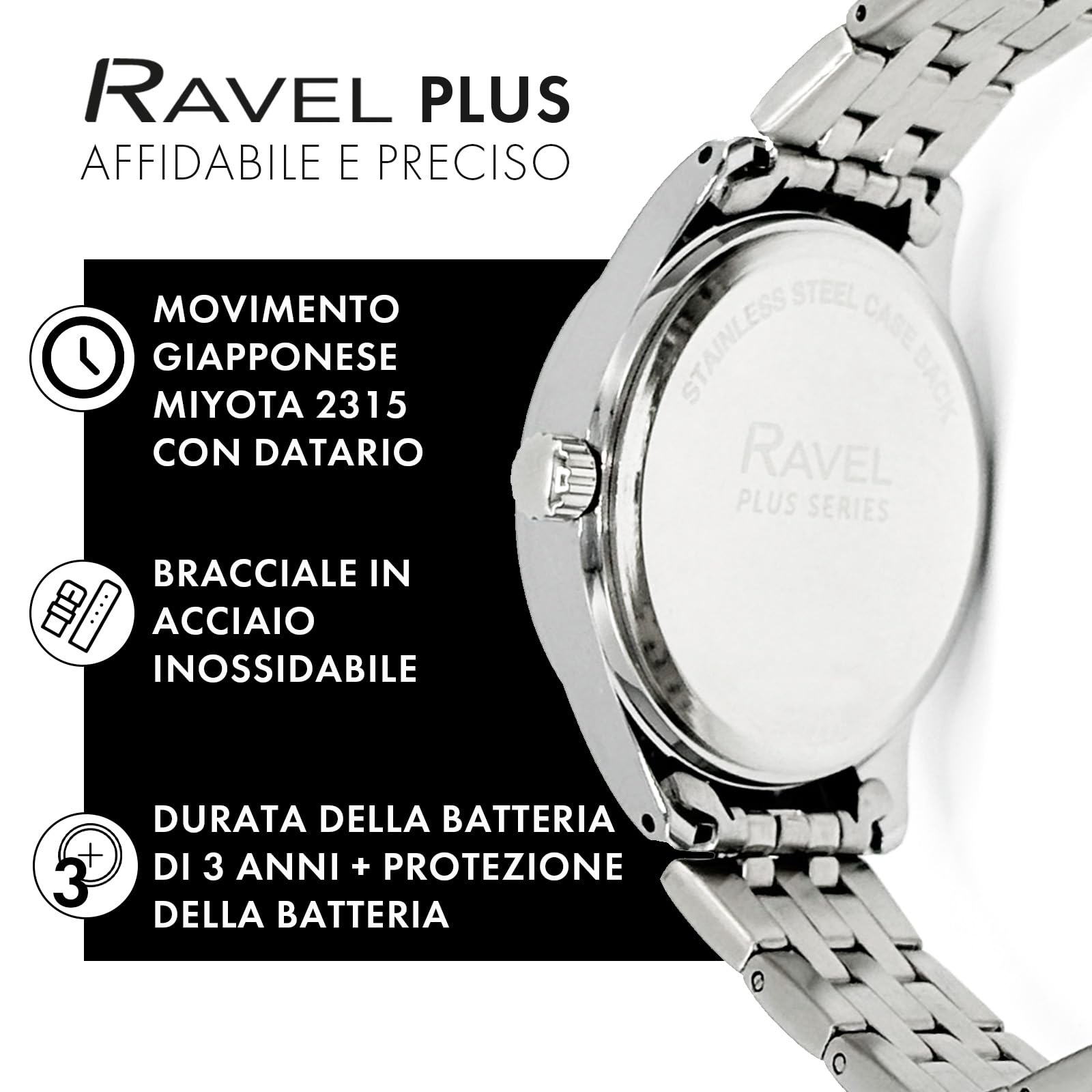 Ravel Plus - Orologio da Uomo Rotondo 42 mm con Calendario e Impermeabilità 5 ATM, Lunetta Girevole Unidirezionale e Vetro Zaffiro con Rivestimento Protettivo - Analogico Quarzo - RPD-09-12