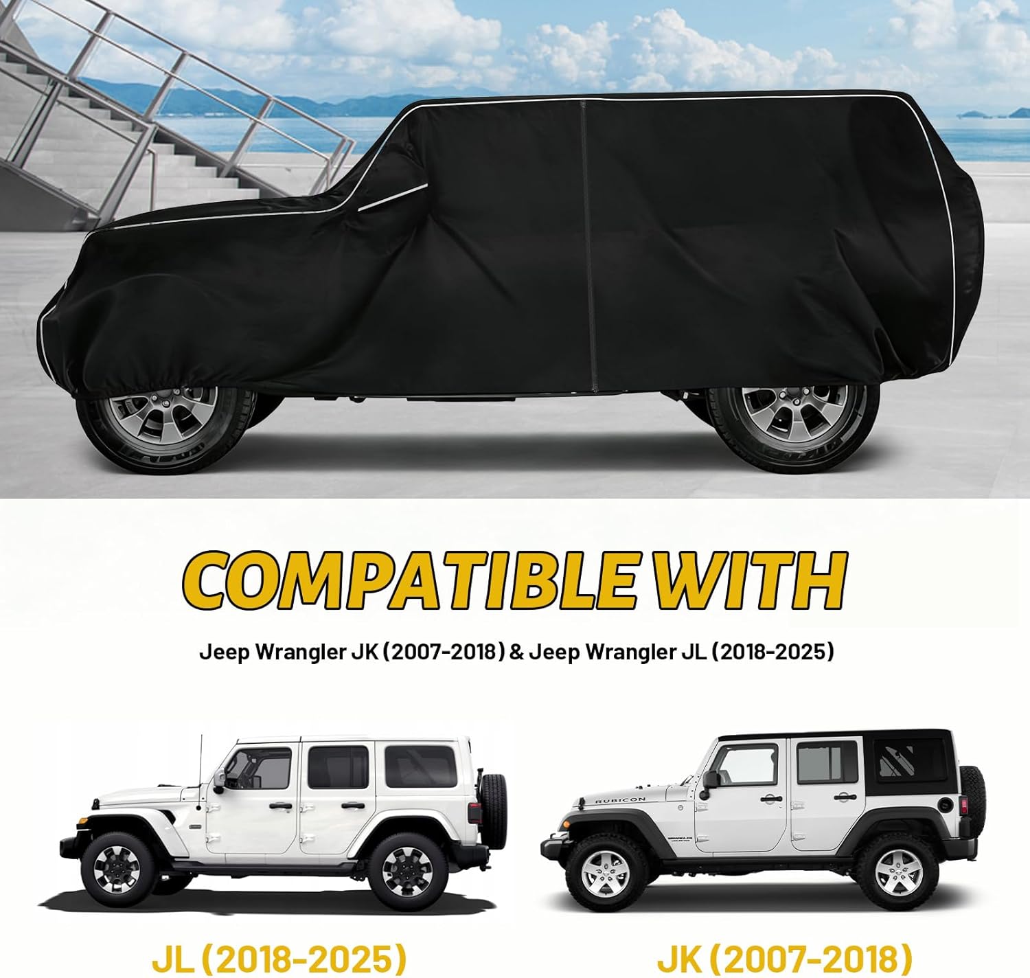 420D Waterproof car Cover Compatible with 2007-2025 Jeep Wrangler JK JL 4-Door, Outdoor Waterproof All-Weather car Cover, Sun Protection, Frost Protection, Snow Protection, with Door Zipper