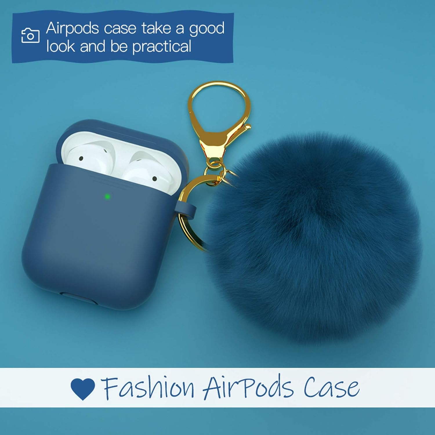 BRG for AirPods Case,Soft Cute Silicone Cover for Apple Airpods 2 & 1 Cases with Pom Pom Fur Ball Keychain/Strap/Accessories for Women Girls (Front LED Visible) Dark Blue