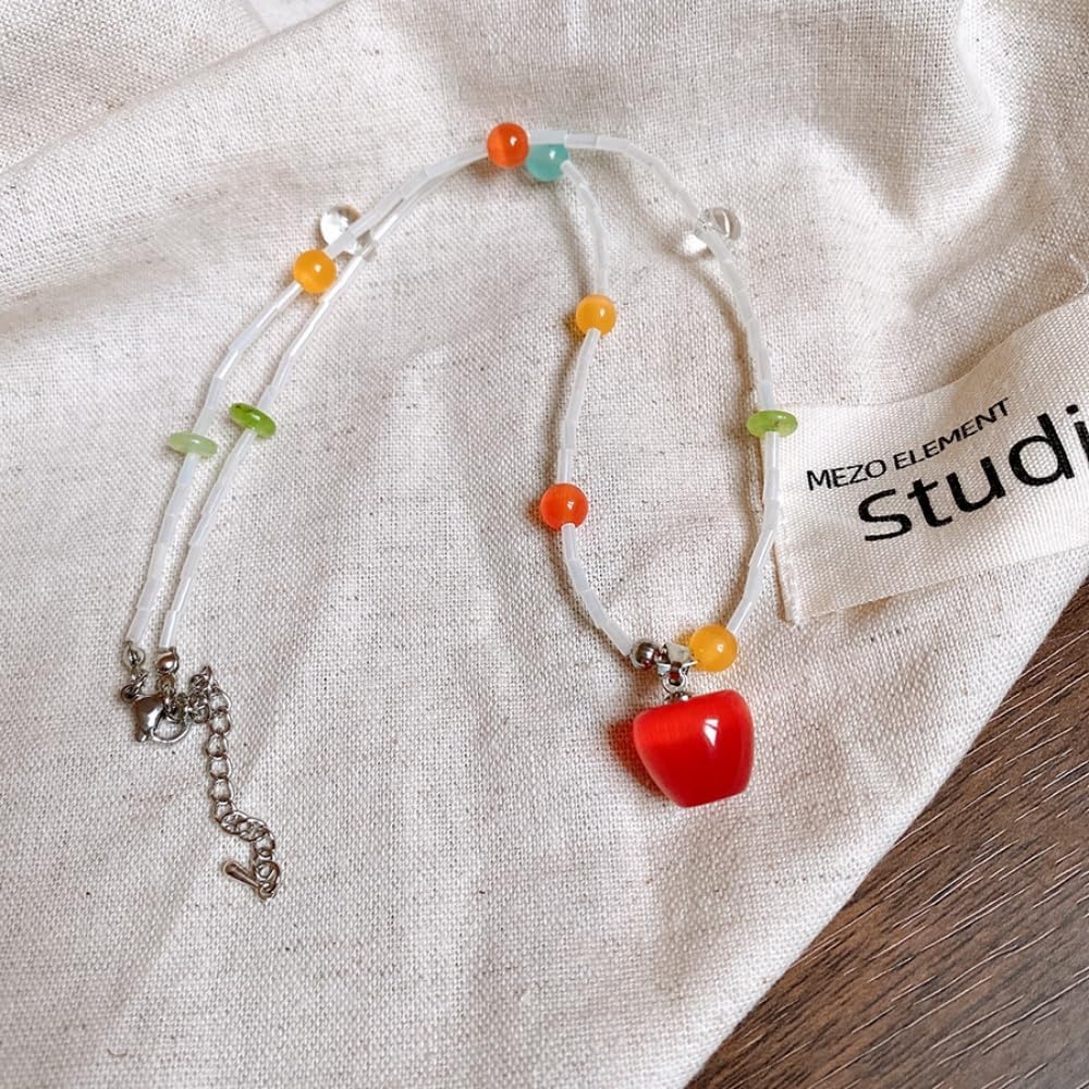 Kokoma Cute Apple Pendant Necklace for Women Colorful Sweet Fruit Beaded Charm Choker Necklace Adjustable Stacking Link Chains Fashion Jewelry - Image 5