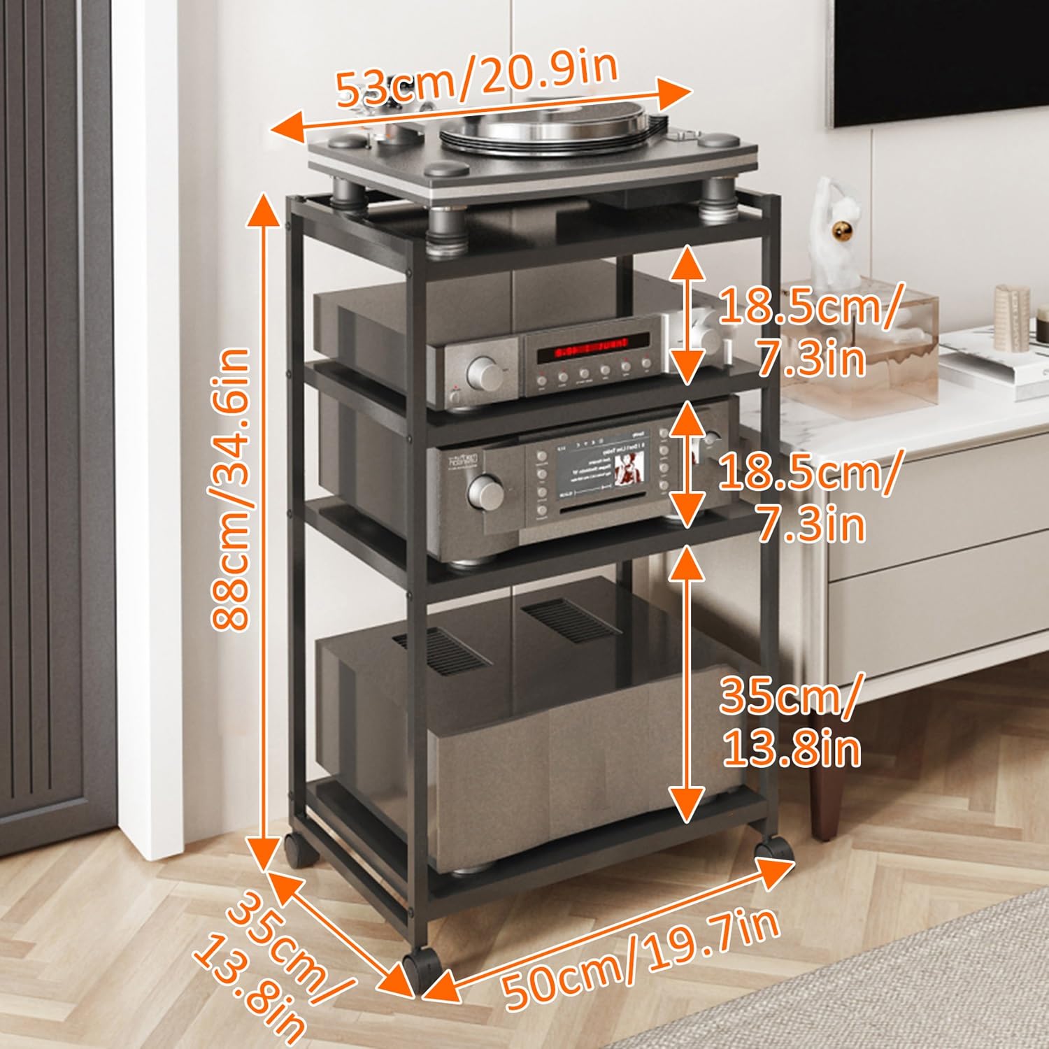 3/4 Livelli Armadio Audio HiFi Rack Rack Audio Mobile con Ruote Universali Audio AV Tower Media Stand Mobile Stereo HiFi Rack HiFi Aperto Multifunzione per Soggiorno Ufficio.(50x35.1x88cm)