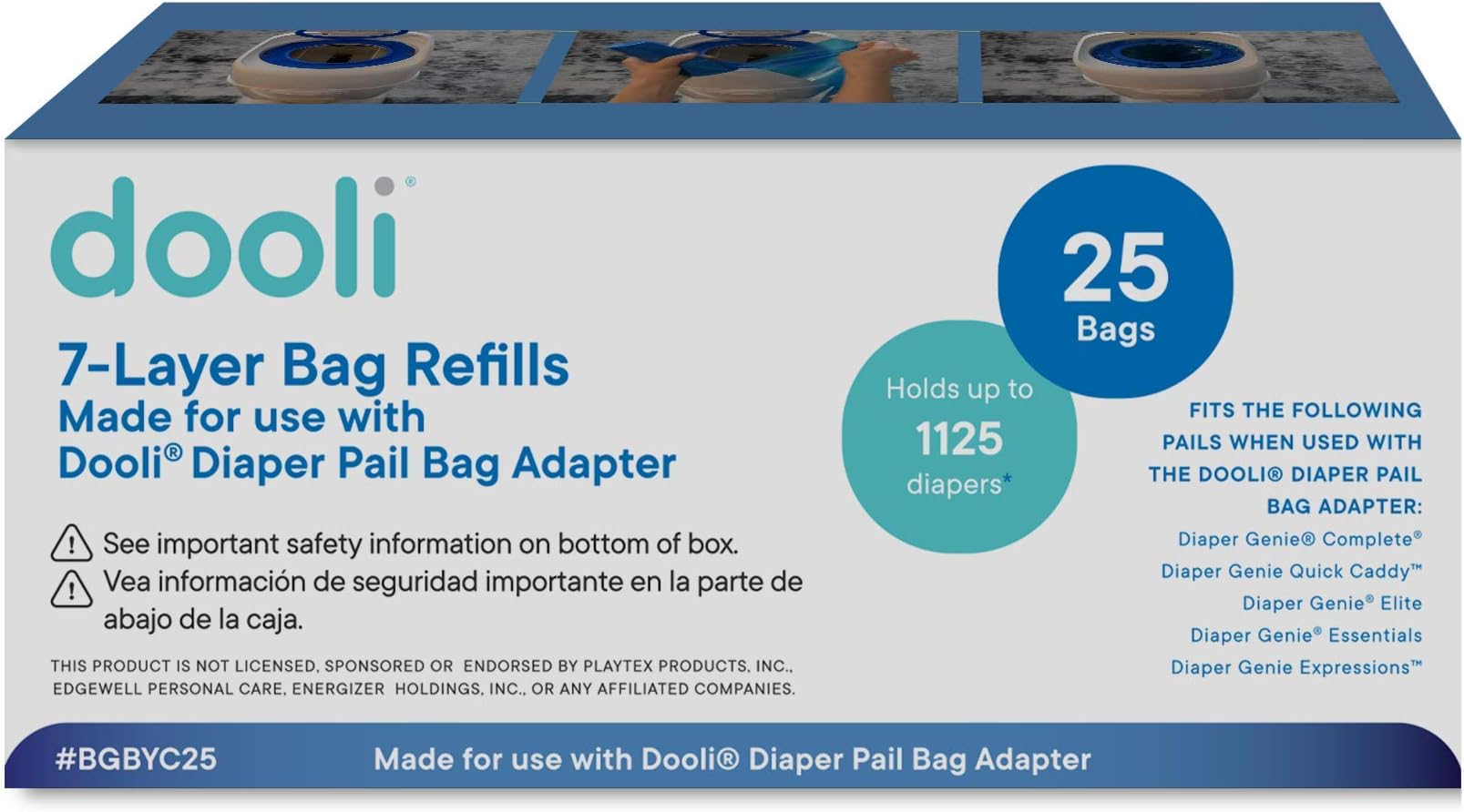 Diaper Pail Bag Refills, Compatible with Diaper Genie, Roll of 25 Bags, Holds up to 1,125 Diapers
