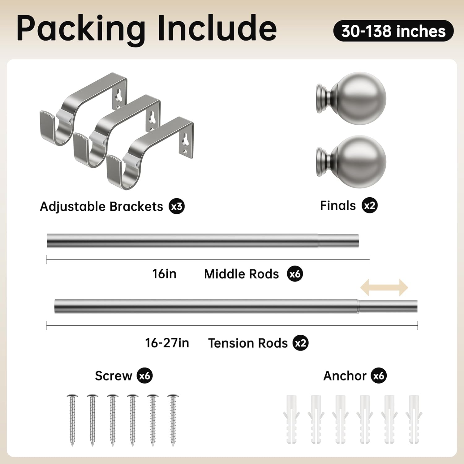 Extendable Curtain Rods 30-138 Inch, Dia 3/4" Splicing Adjustable Curtain Pole with 44mm Metal Ball Finials for Eyelet Curtains, Drapery Rods for Bedroom, Living room, Office