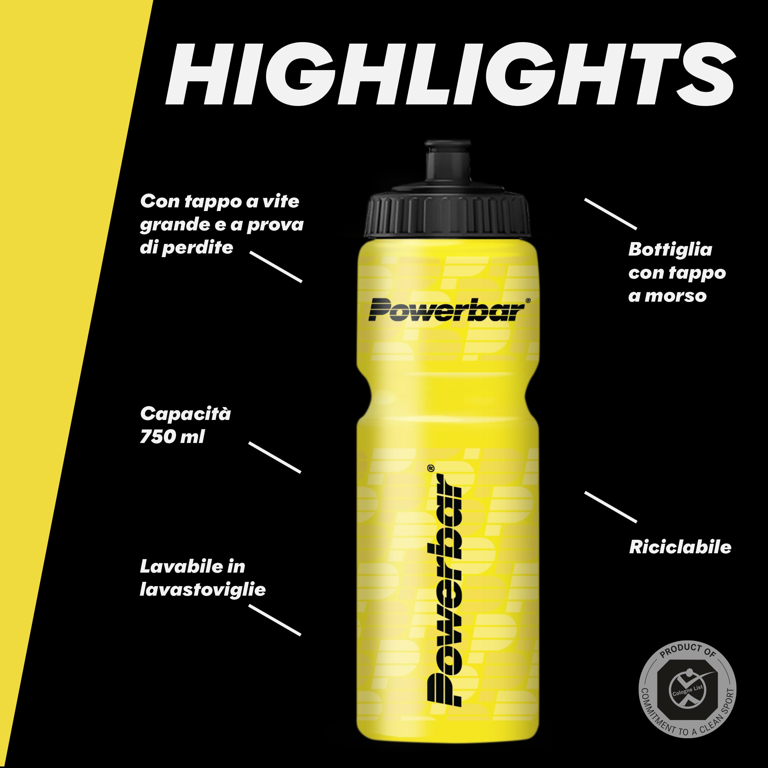 Powerbar – Borraccia Sportiva – 750 ml – gialla – A prova di perdite e lavabile in lavastoviglie, senza BPA