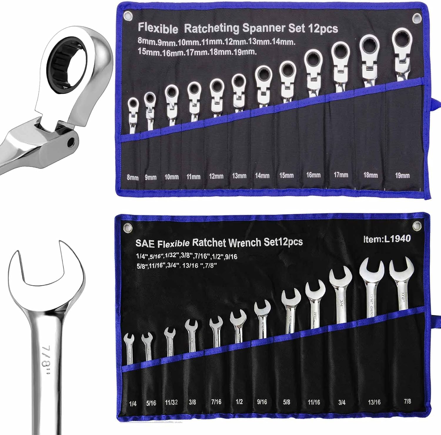 Qnkaa Flex Standard Spanners Gear Ring Ratchet Combination Wrench Kit, 1/4" to 7/8" Inch, Chrome Vanadium Steel