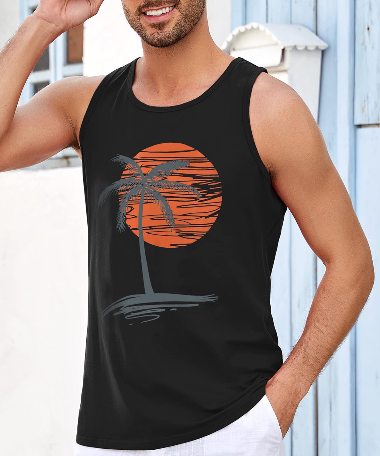 Runcati Mens Workout Tank Tops Gym Sleeveless Shirts Palm Tree Vintage Style T-Shirt - Image 2
