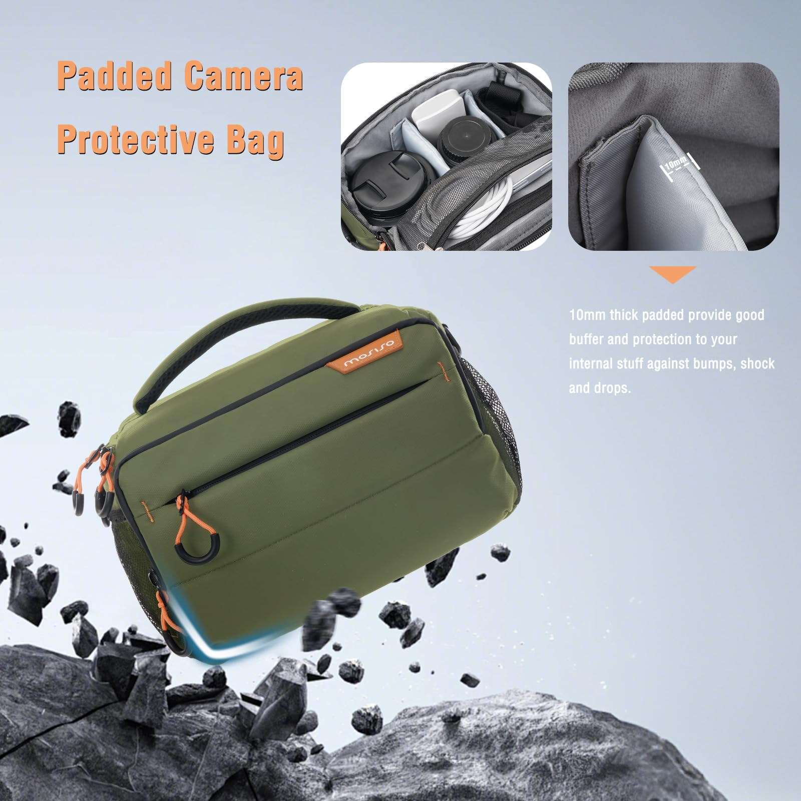 MOSISO Kleine Kameratasche für Fotografen, Kompaktkamera Umhängetaschen für DSLR/SLR/Spiegellose Kameras, Wasserdicht Crossbody Gepolsterte Fototasche mit Regenschutz für Canon/Nikon/Sony, Armeegrün
