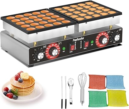 110V Mini Pancake Maker, 50PCS Commercial Dutch Pancake Griddle w/Non-Stick Coating, Pancakes Maker Machine With 2 Thermostats & 2 Timers, Suitable for Home Kitchens, Restaurants, Snack Bar
