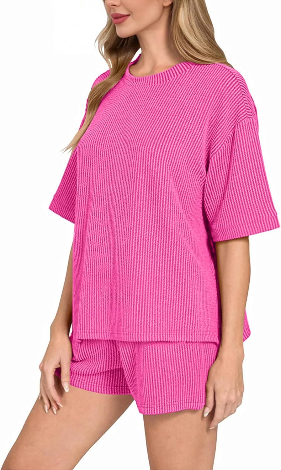 Ekouaer Short Sets for Women 2 Piece Outfits Summer Loose Lounge Set Ribbed Textured Knit Short Sleeve - Image 3