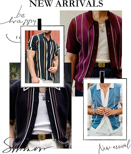 Miniatura 7 de V VALANCH Mens Short Sleeve Knit Polo Shirt Vintage Vercital Stripe Camp Collar Button Down Shirt