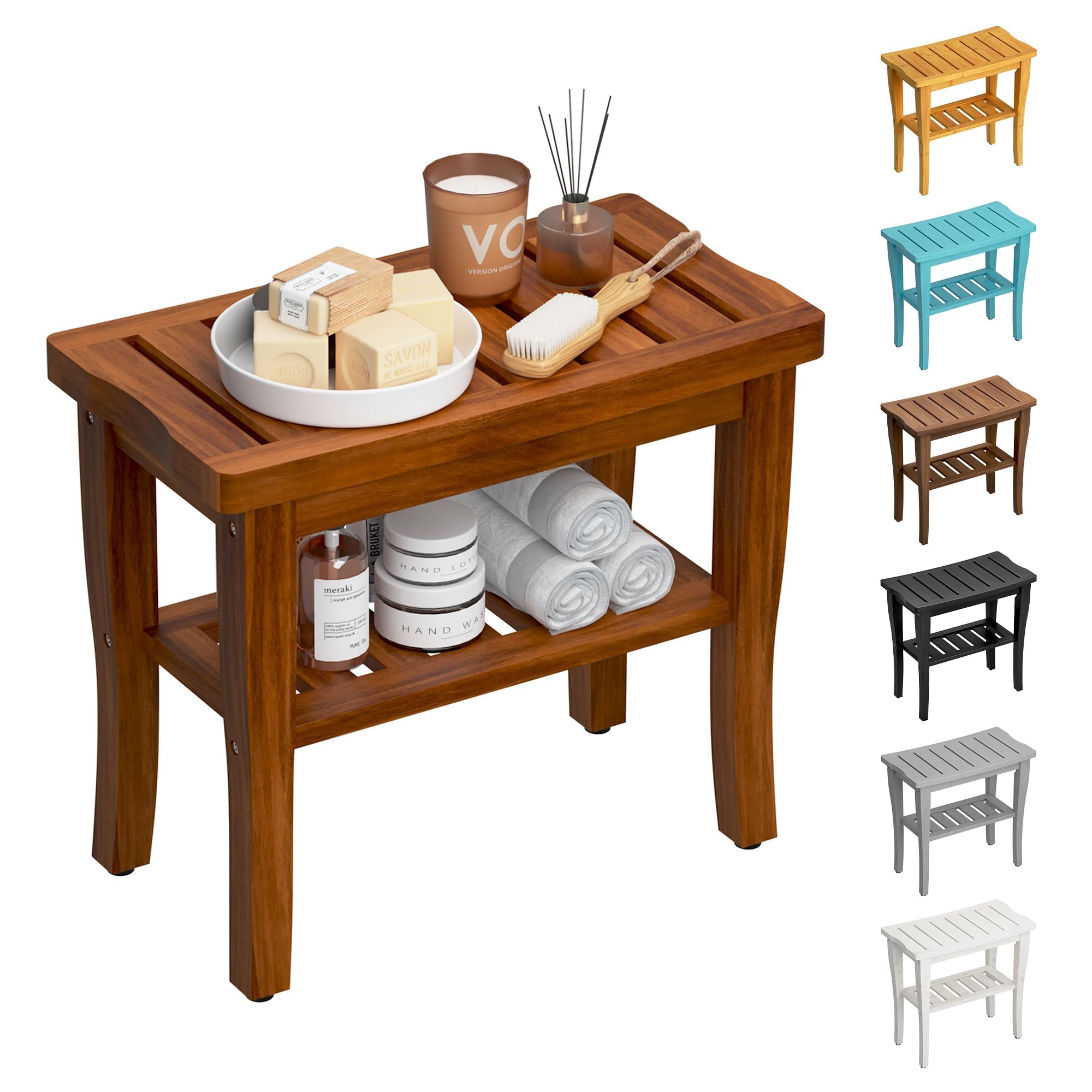 Teak Shower Bench Stool with Storage Shelf