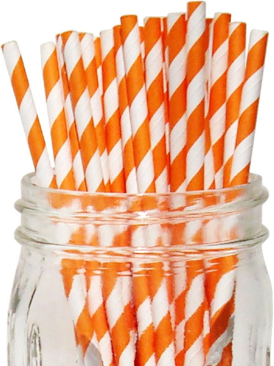 Orange/White Stripe Set of 100 Count Size 7 3/4 inch Stripe Design Paper Drinking Straw Baking Sticks Cake Pop Sticks for Cake Pops Lollipops Crafts Cupcake Toppers Rock Candy and Brownie Pops