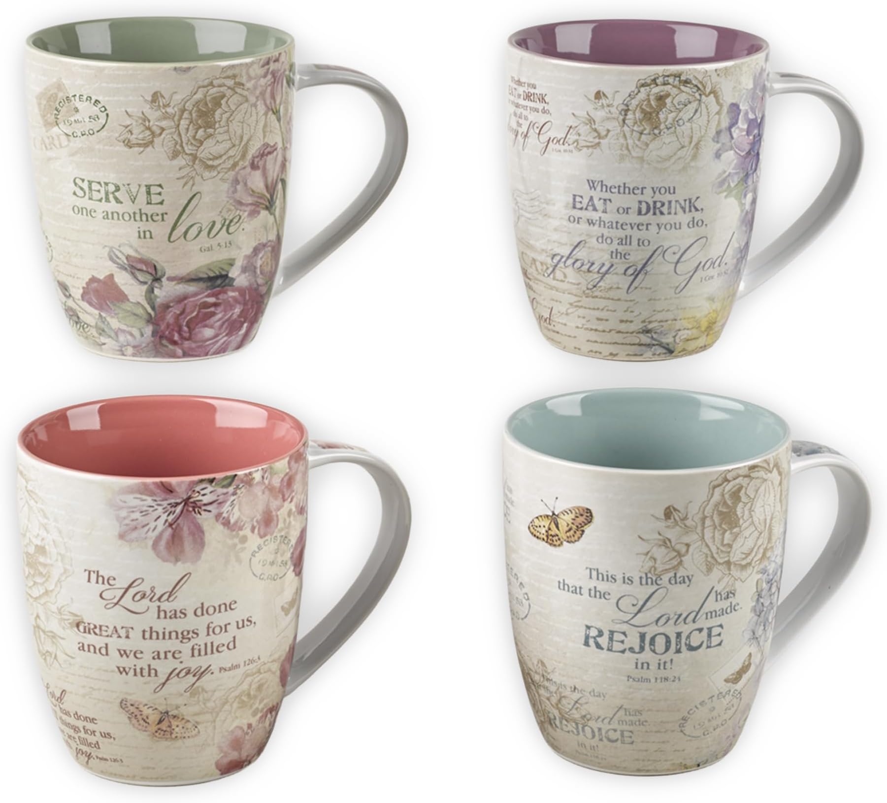 Christian Art Gifts Ceramic Coffee/Tea Mug Set for Women | Vintage Botanic Floral Inspirations Design Bible Verse Mug Set | Boxed Set/4 Coffee Cups